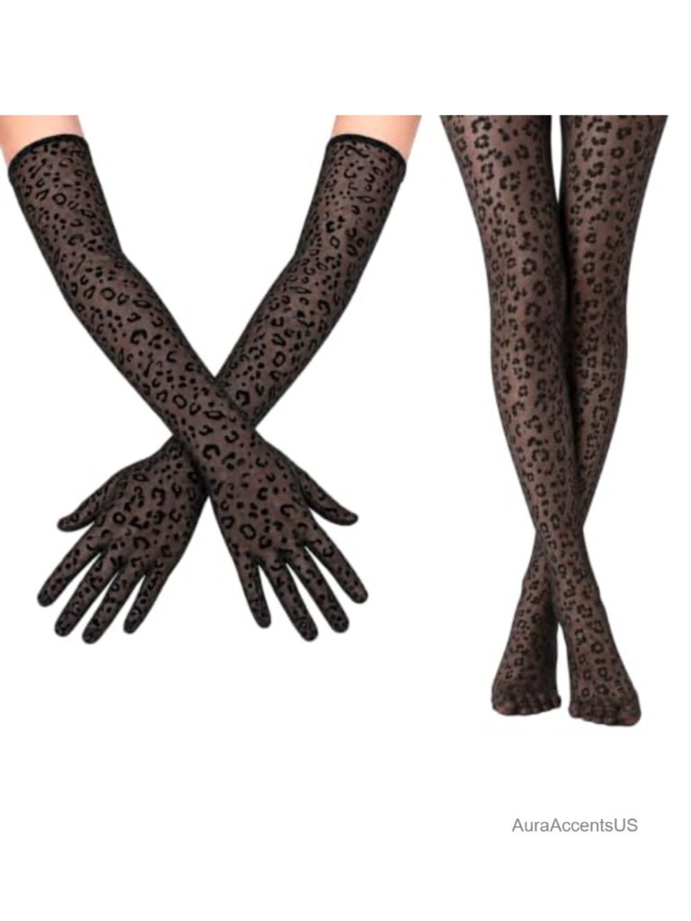Women's Leopard Print Tights & Mesh Gloves Set, Stretchy Sheer Animal Print